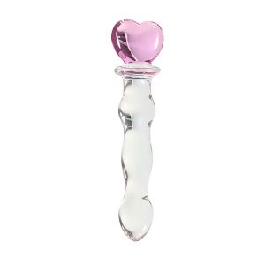 Juguete de vidrio con punta de corazón rosa.