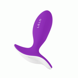 Estimulador prostático vibrante color morado y blanco.